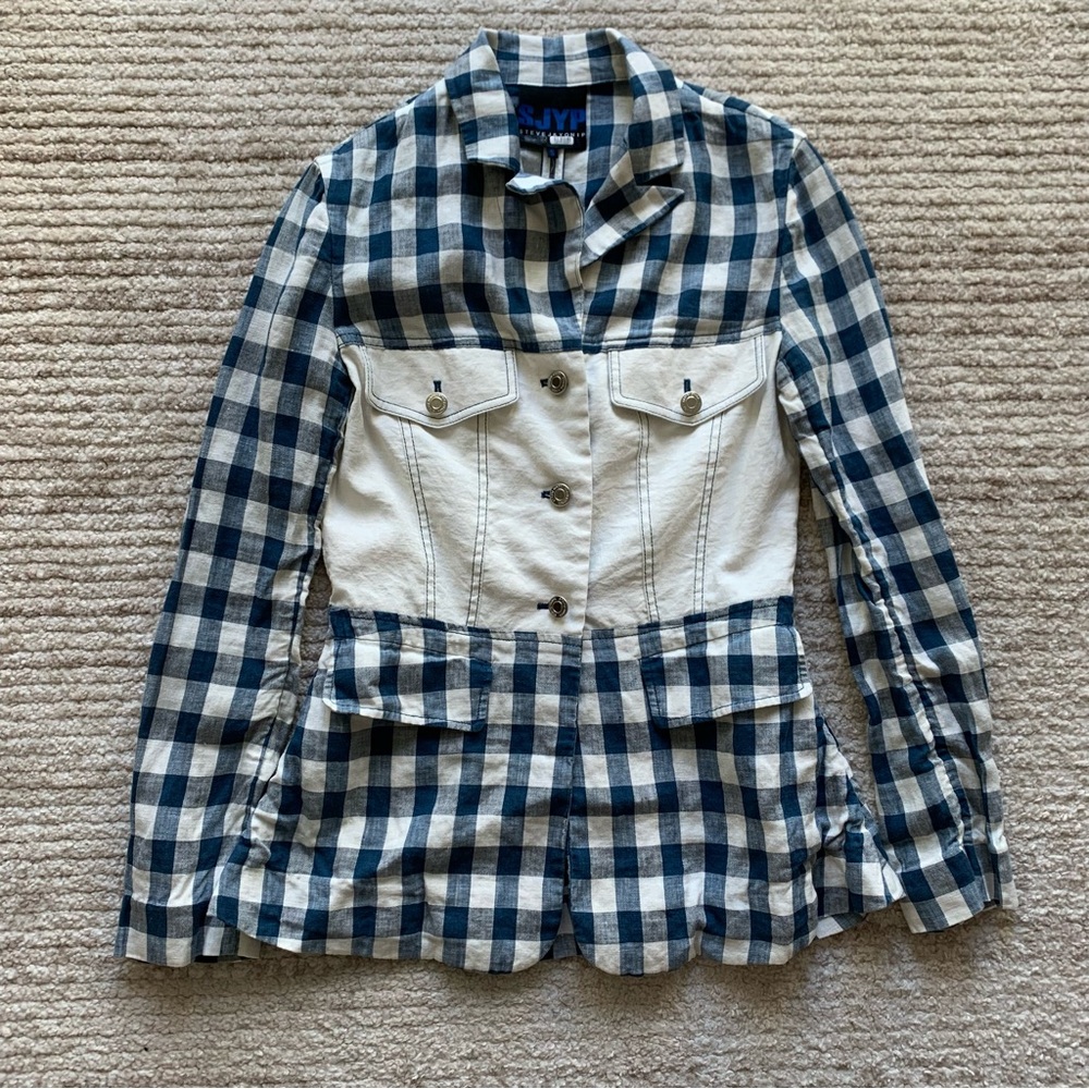 SJYP Paneled Check Long Sleeve Top Navy and White Size Small